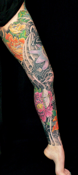 full floral leg tattoo_ inner leg