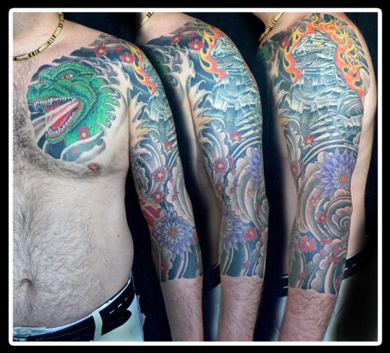 3 views of Godzilla sleeve tattoo.